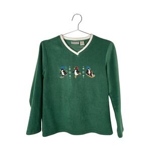 Vintage Penguin Fleece Sweatshirt Green V-Neck Embroidered Winter Holiday Medium